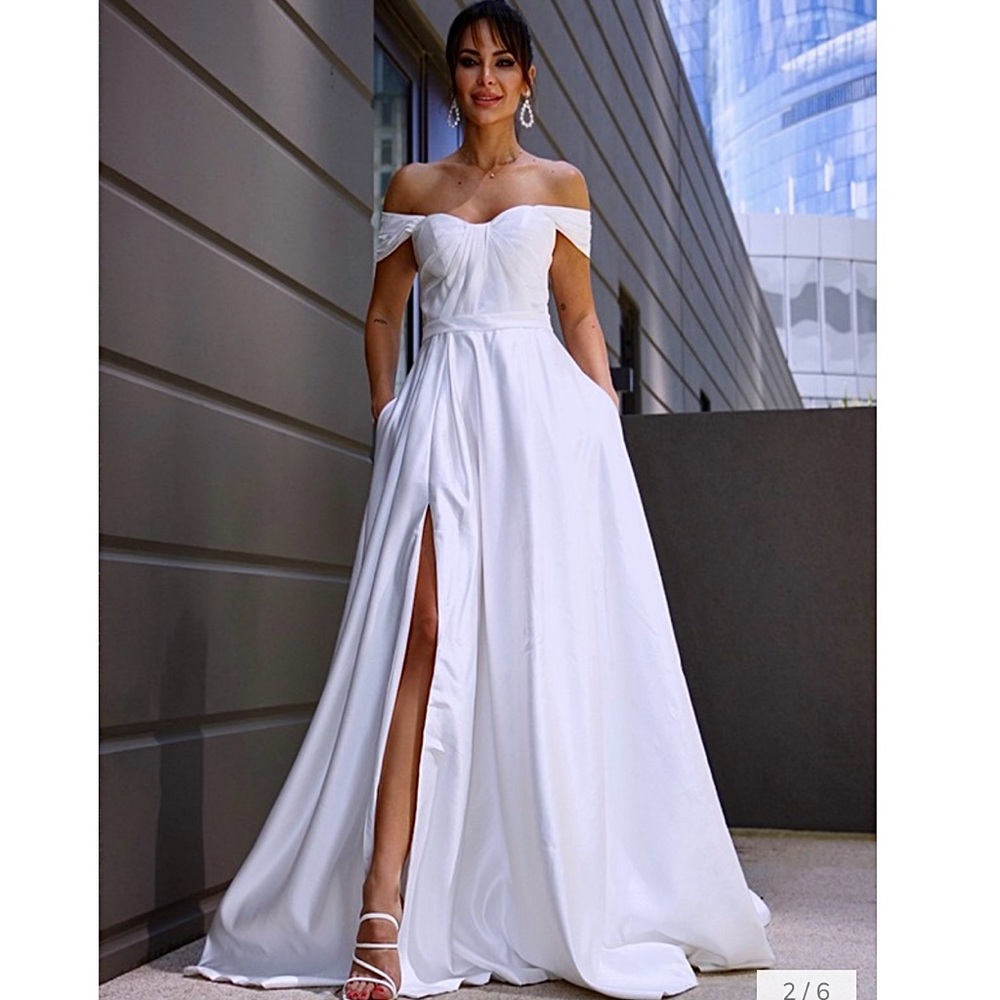 Hebeos white satin off the shoulder sweetheart princess wedding dress